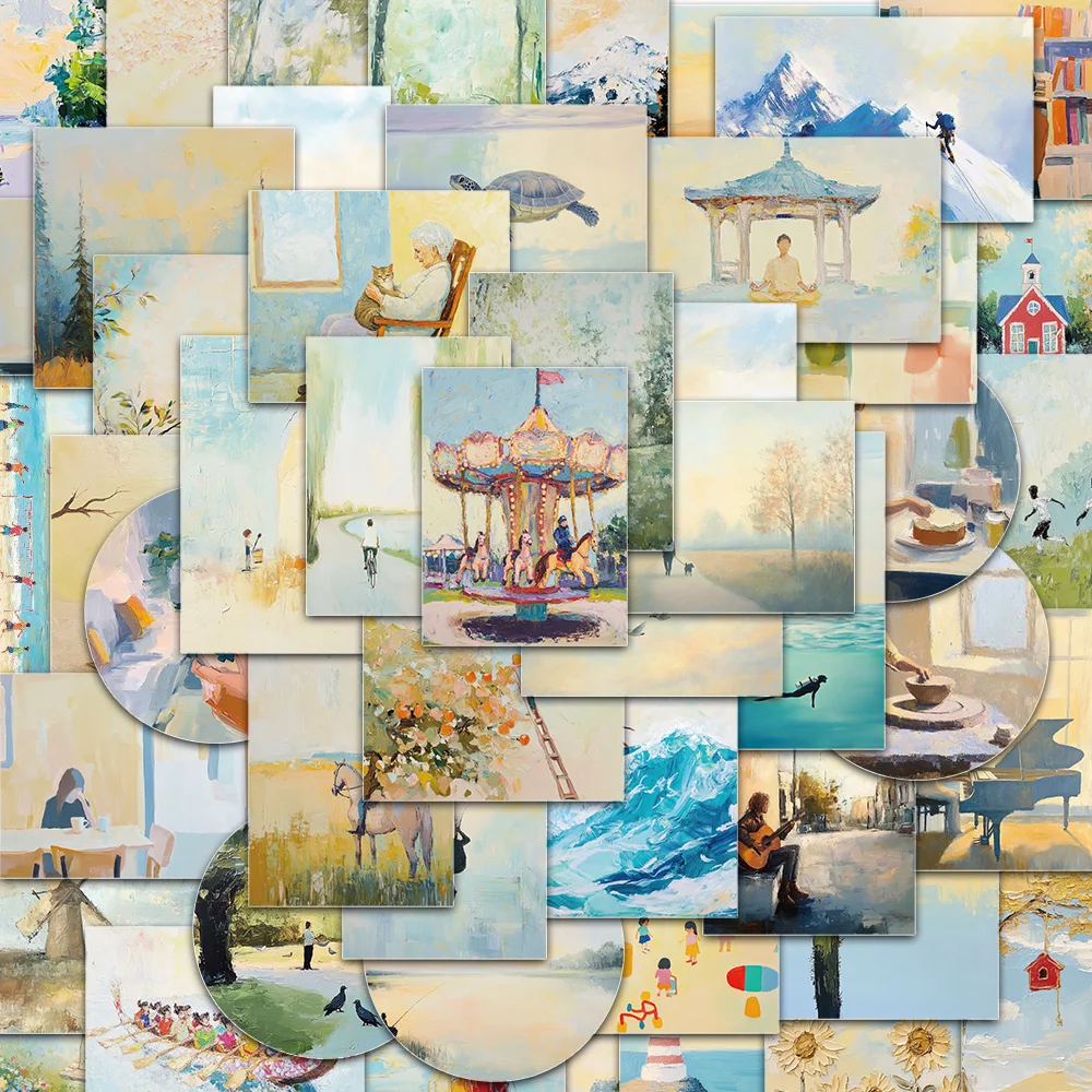 50 pièces Simple tranquille toile peinture à l'huile Graffiti autocollants Scrapbooking téléphone Skateboard guitare cahier étanche décoratif