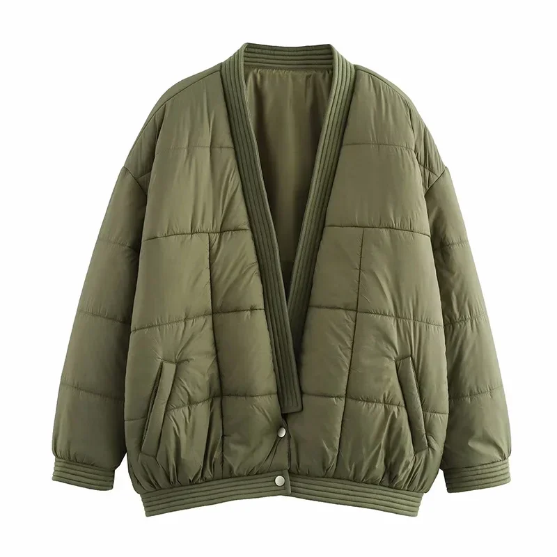 

Women Cotton-padded Jacket Thickened Solid Loose Warm Winter Coat Female Outwear Jacket Fashion V-Neck Tops Topcoat Green