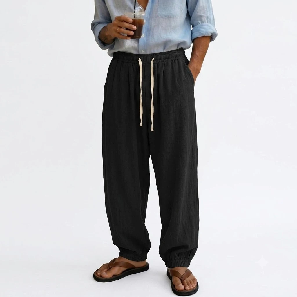 Men's Casual Cotton Pants Loose Baggy Fit Elastic Drawstring Trousers Lightweight Jogger Linen Pants Sport Sweatpants Work Pants
