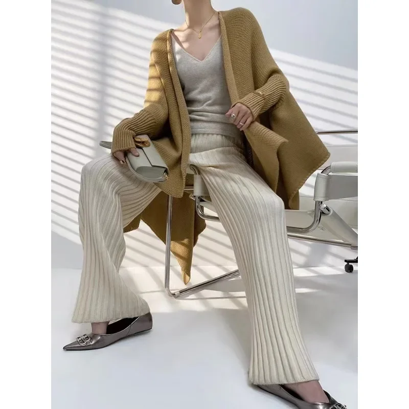 محبوك واسعة الساق ممسحة متوهج السراويل النساء فضفاضة الخريف عالية الخصر مستقيم سراويل تقليدية متماسكة السراويل أساسيات الإناث ثنيات فضفاض