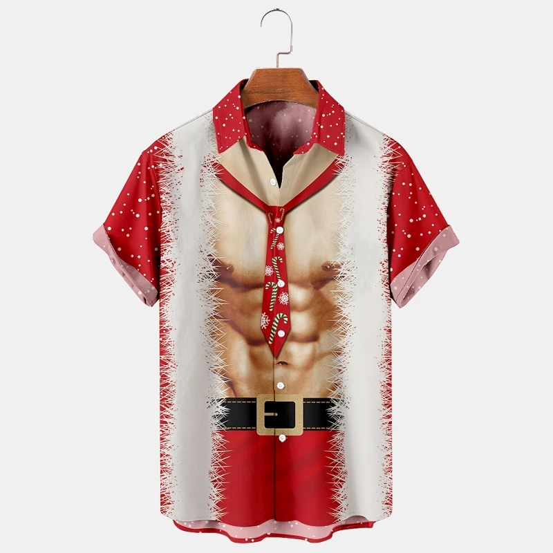 Kerst Heren Oversized Santa Claus Grafische Korte Mouw Bedrukte Tshirt Los Revers Button-Down Shirt Outdoor Streetwear