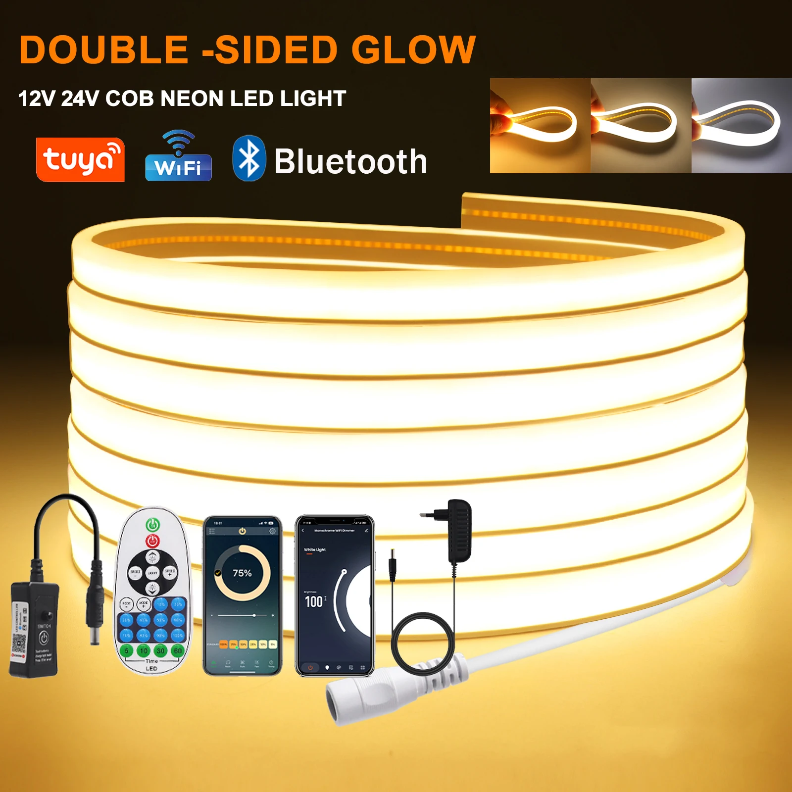 

Dimmable COB LED Strip 12V 24V Tuya Wifi Bluetooth Flexible Neon Tape Ribbon 320LED High Linear Light Waterproof COB Led Light