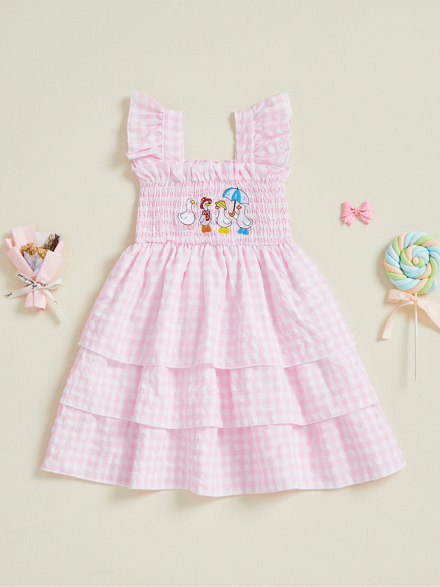

Cute Baby Girls Sleeveless Plaid Dress with Lovely Duck Embroidery and Square Collar for Summer Outfits