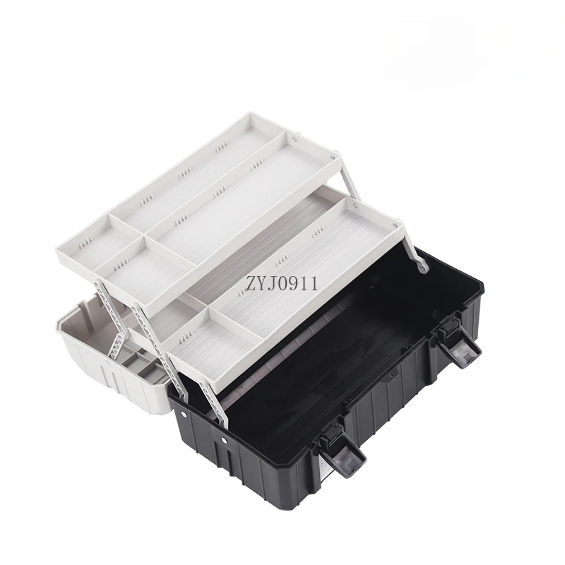 Three-layer plastic toolbox, large household storage box, portable car toolbox.
