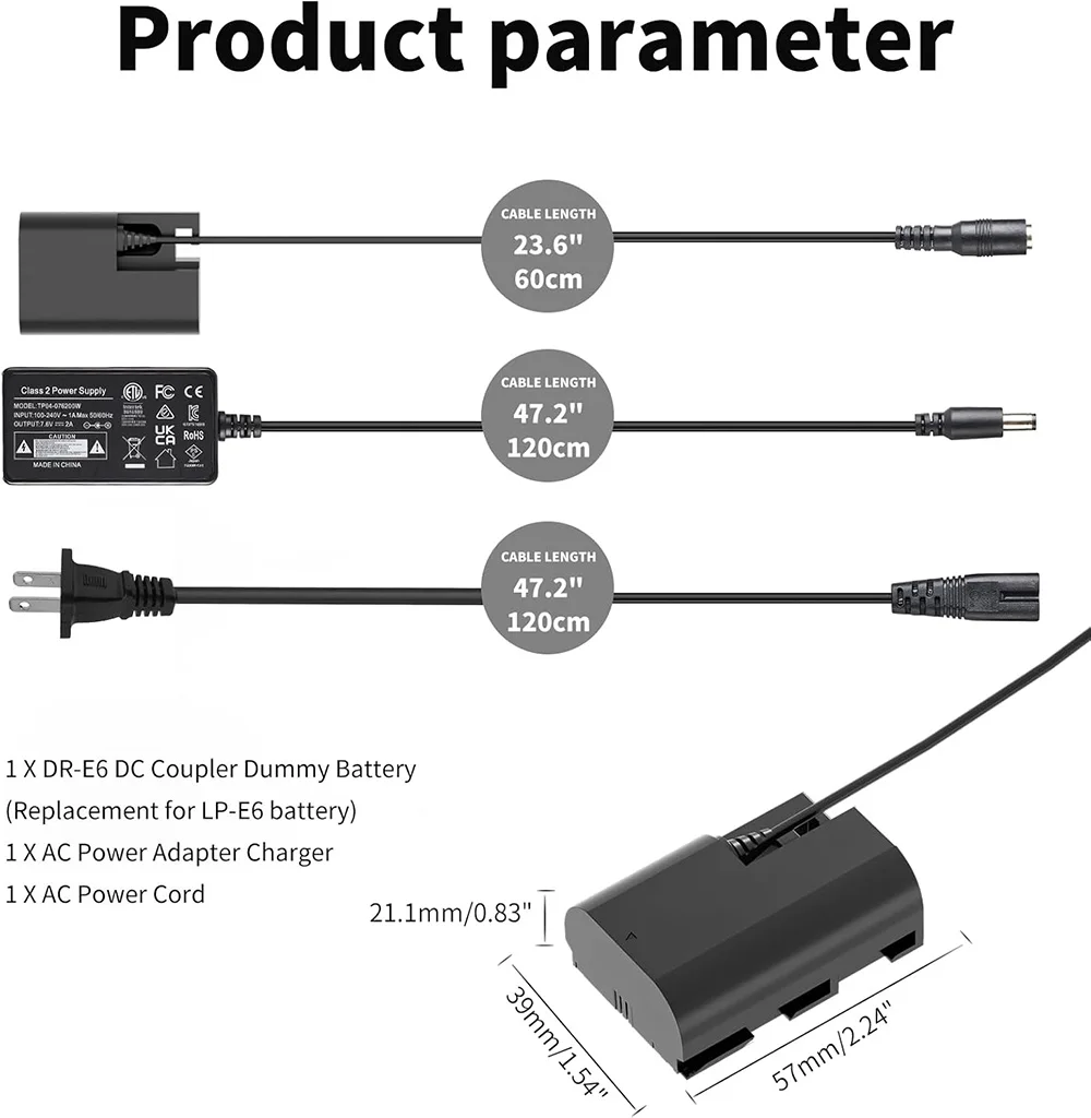 ACK-E6 DR-E6 Replacement AC Power Adapter LP-E6 Dummy Battery Coupler kit for Canon EOS 90D 80D 70D 60D 60Da 5DS  5D Mark II etc view 5
