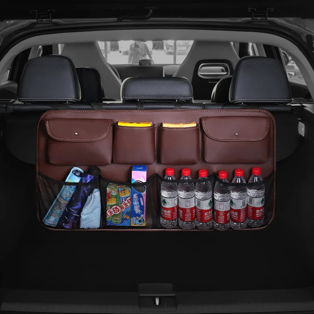 Car Styling Car Trunk Organizer Auto Stowing Tidying PU Leather Car Rear Seat Back Storage Bag Multi Hanging Nets Pocket