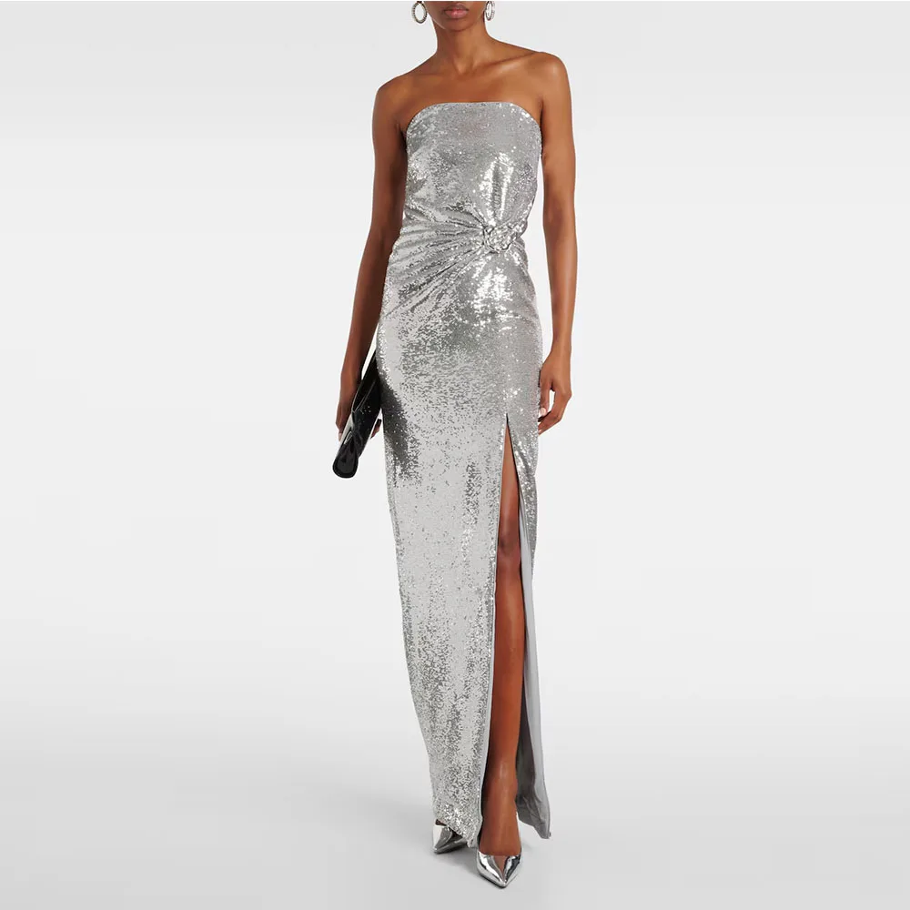 

Sliver Sequin Evening Gown For Wedding Mermaid Formal Party Dress Floor Length Prom Dress Sleeveless Saudi Arabia Dress