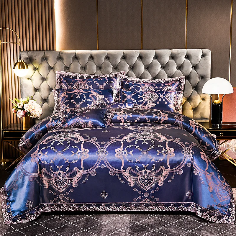 European satin jacquard four-piece set, polished lace lace quilt cover, bed sheet, high-end bedding kit