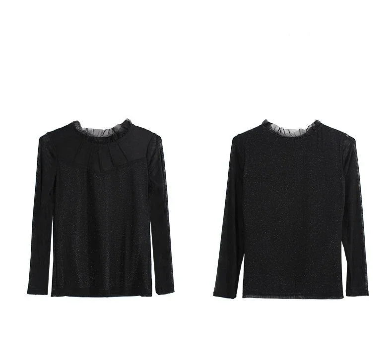 Camisa básica de manga larga de malla negra para mujer con camisetas de moda para mujer ZT82