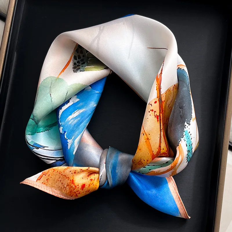 

100% Natural Silk Scarf Women Square Floral Shawls Wraps Foulard Scarves Pashmina Neckerchief Female Hijab Bandana Kerchief 53cm