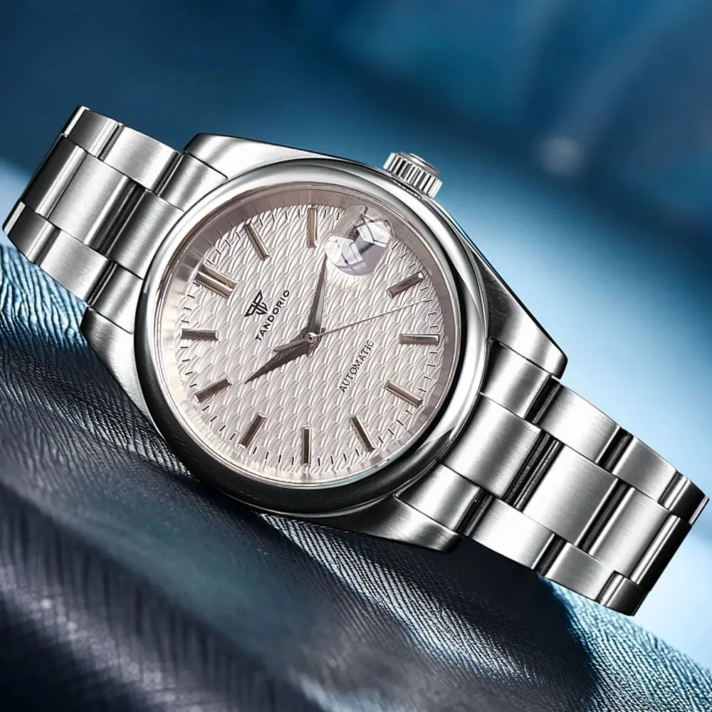 

Мужские механические часы Tandorio 36 мм 39 мм с круглым безелем, сапфировым стеклом, текстурированным циферблатом, датой, автоматическим механизмом NH35A, водонепроницаемостью 20 бар.