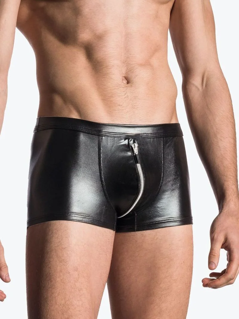 Mens Sexy Leather Tights Tops Zipper Crotch Shorts Stretch Fetish Wear Slim Hot Pants Bodycon Shaping T-shirts   Ecoparty