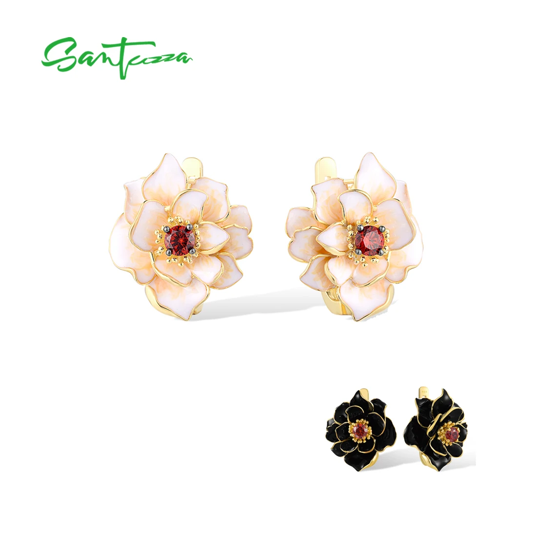 SANTUZZA Genuine 925 Sterling Silver Earrings For Women White Black Flower Garnet Wedding Party Fine Jewelry Handmade Enamel