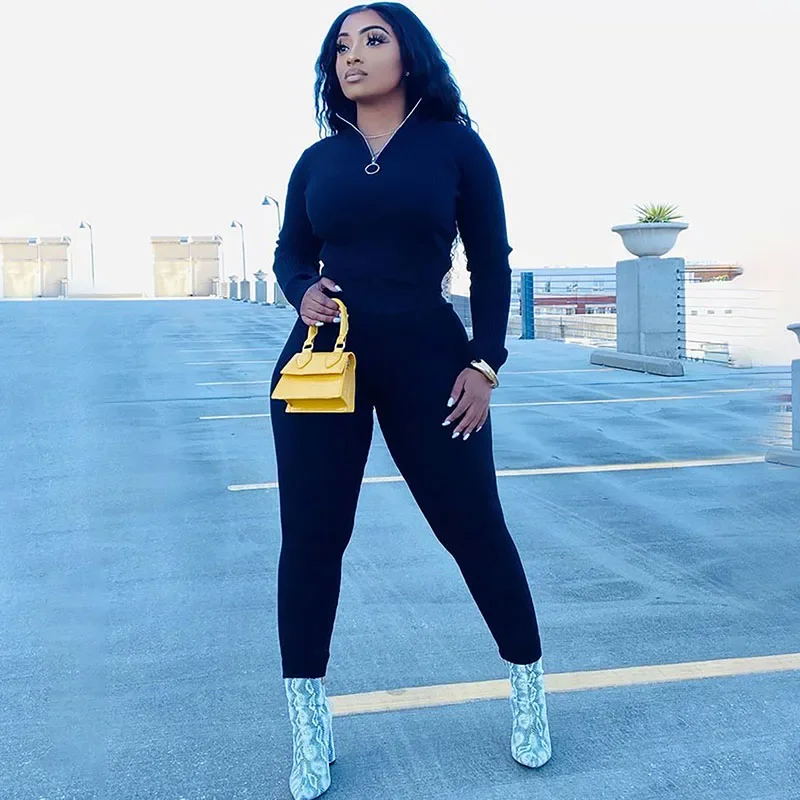 

Solid Knitted Tracksuit Women Two Piece Set 2024 Casual Outfits Sporty Fitness Sweatshirt Top and Pencil Pants Matching Sets