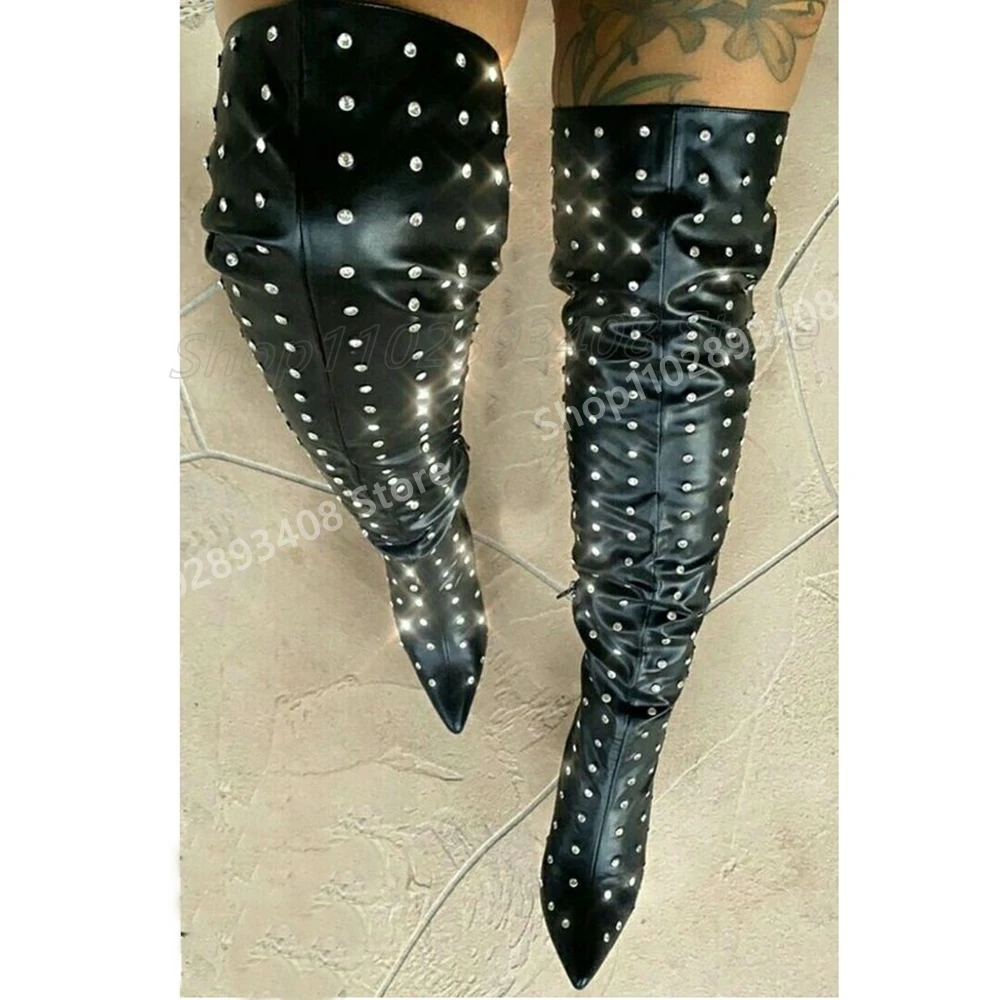 

Sexy Rivets Crystal Pointy Over the Knee Boots Matte Leather Stiletto High Heel Fashion Women Shoes 2025 Zapatos Para Mujere