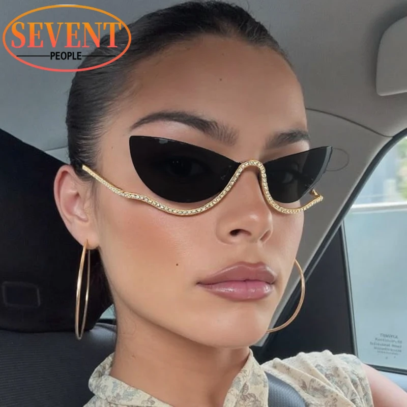 

Sexy Cat Eye Rhinestone Rimless Sunglasses Women 2025 Luxury Brand Retro Metal Frame Punk Sun Glasses For Ladies Trendy Shades