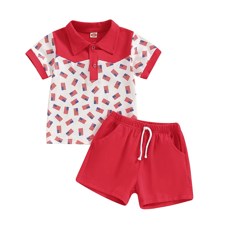 

Kids Boys Shorts Set Short Sleeve Flag Print Shirt with Elastic Waist Shorts 4th of July Outfit