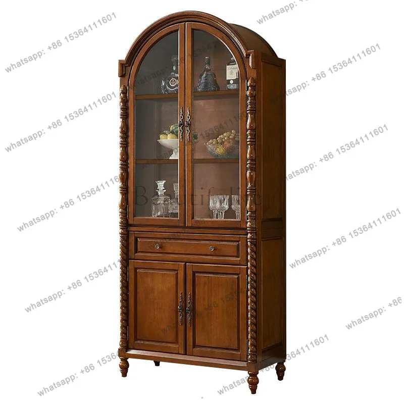 American all-solid wood wine cabinet floor-to-ceiling display cabinet storage European retro double door with glass door