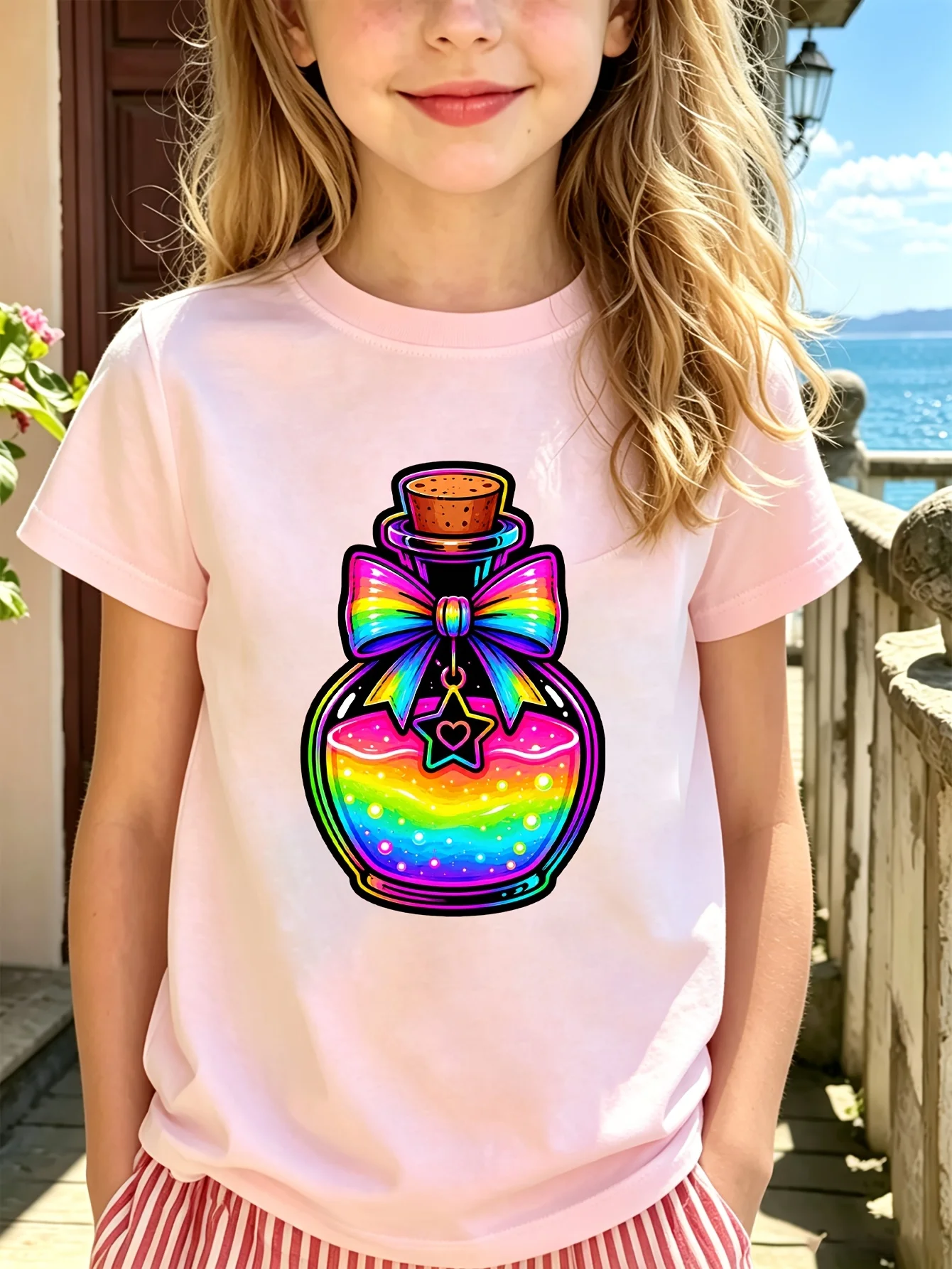 Rainbow Bow Potion Bottle Kids Tee Magic Star Charm Graphic Print Boys Girls Family Matching Cotton Short Sleeve Children Tshirt