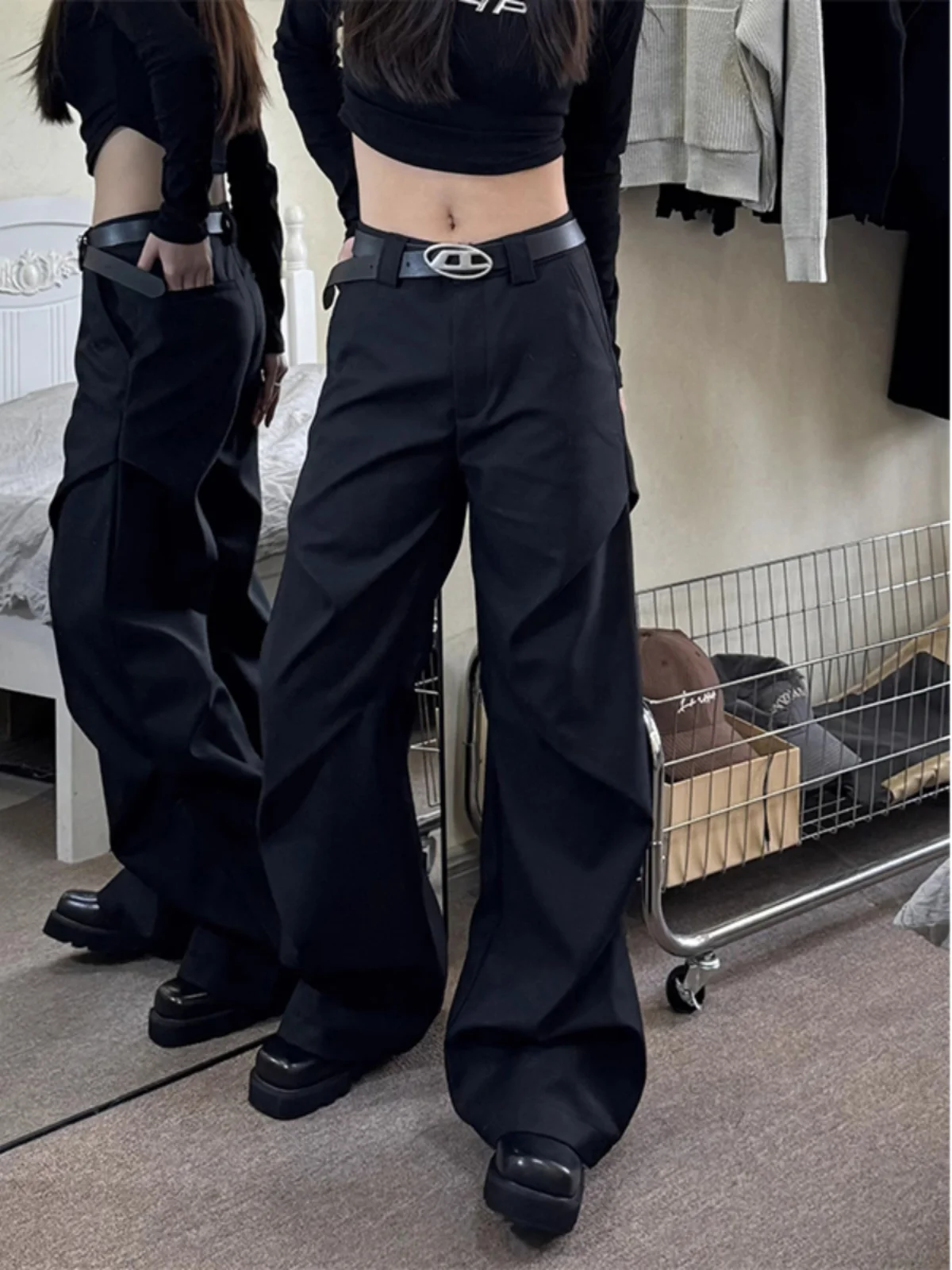 Pantaloni casual a gamba larga da uomo Ele Bla Pantaloni a pieghe dal taglio dritto vestibilità ampia Faionable Fibra di poliestere allentata Primavera Se...