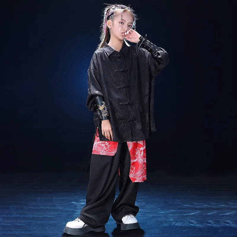 Girls Hip Hop Martial Arts Performance Jazz Streetwear Chinoiserie Boys Street Dance Long Sleeve Printed Shirt +Wide Leg Pants