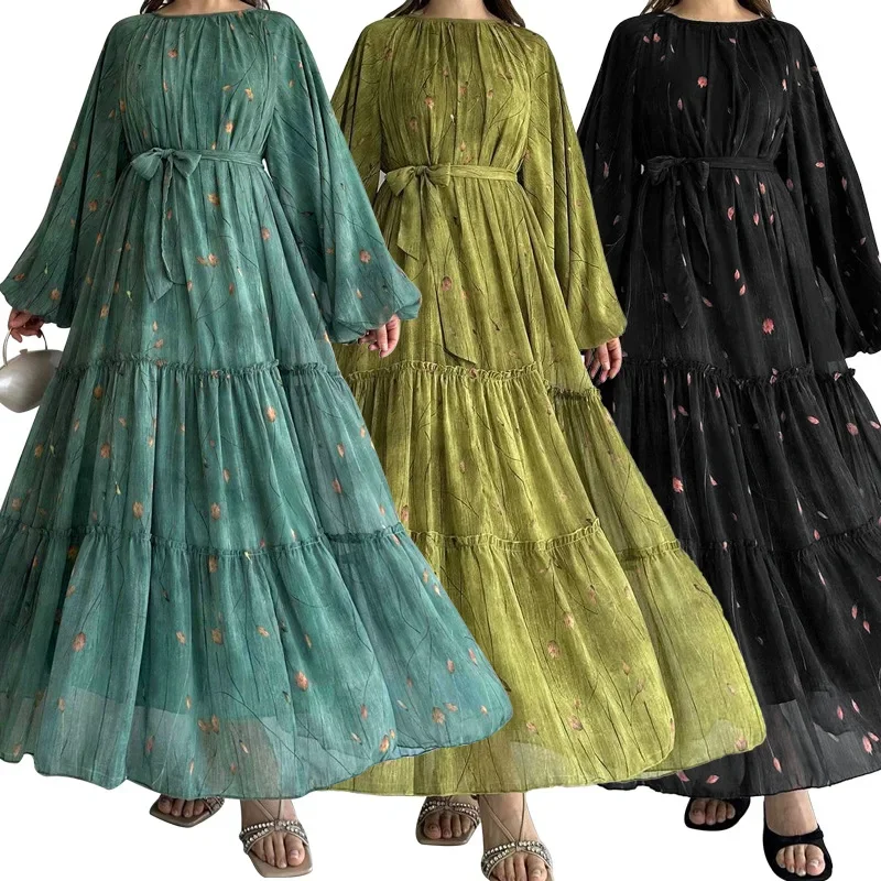 

Eid Muslim Abaya Dress for Women Print Chiffon Sashes Jalabiya Kaftan Islam Vestidos Largo Arab Long Robe Ramadan Morocco Abayas