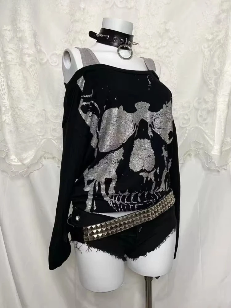 Y2k Emo Women Streetwear Acubi Fairycore Tops Long Sleeve Aesthetics Off Shoulder Tshirt Goth Grunge T-shirt 2000s Alt Clothes
