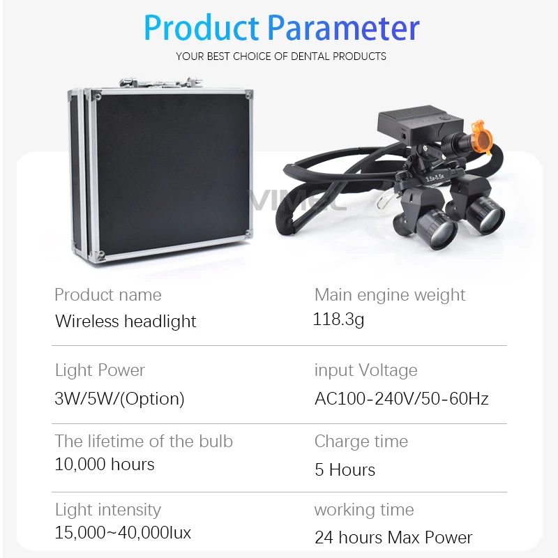 

Wireless Wide Field of View and 3.5X-5.5X Variable Magnification Surgical LED Headlamp 350-550mm Working Distance