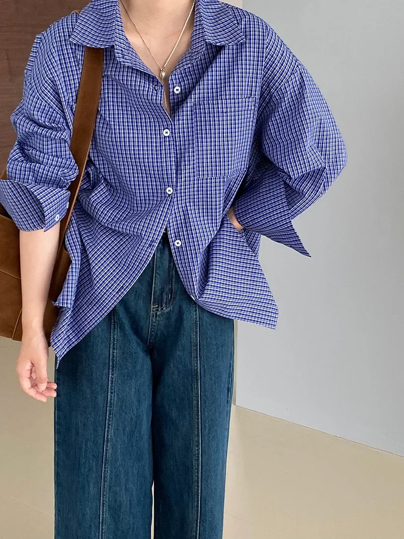 Early Autumn Vintage Blue Checkered Shirt for Women, Loose and Lazy Long Sleeved Top