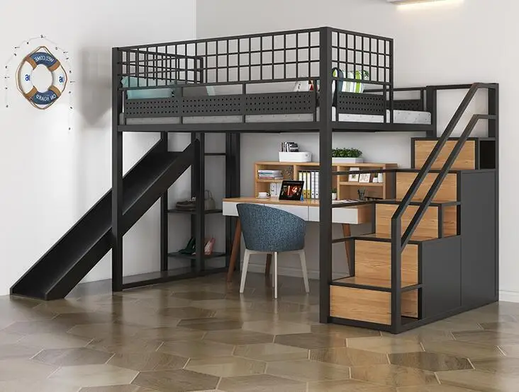 Nordic mała rodzina typu duplex loft wielofunkcyjny żelaza podwyższone łóżko proste łóżko, aby przejść do łóżka i dół szafka schodowa chi