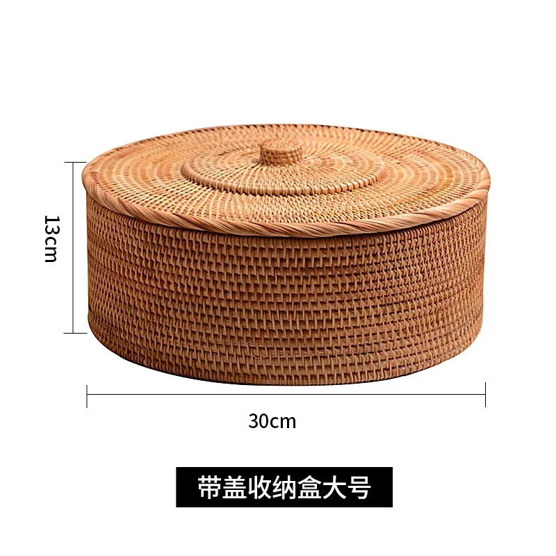 Korean Home Storage Baskets Natural Vine Weaving Fruit Tray Dust Belt Cover Organize Baskets Retro Round Storage Box