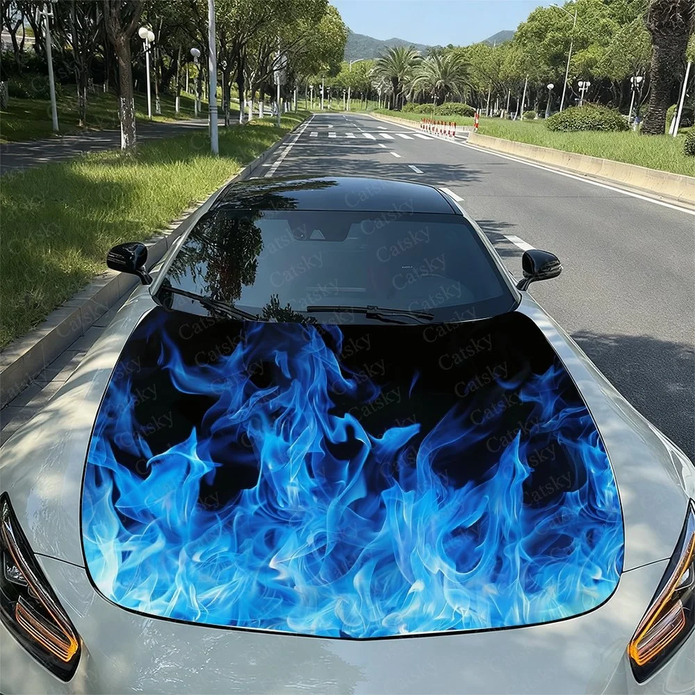 Burning Blue Flame Car Hood Sticker PVC Self Waterproof Stick, Striking Auto Exterior Accessories Decor Protect Gift for Lover