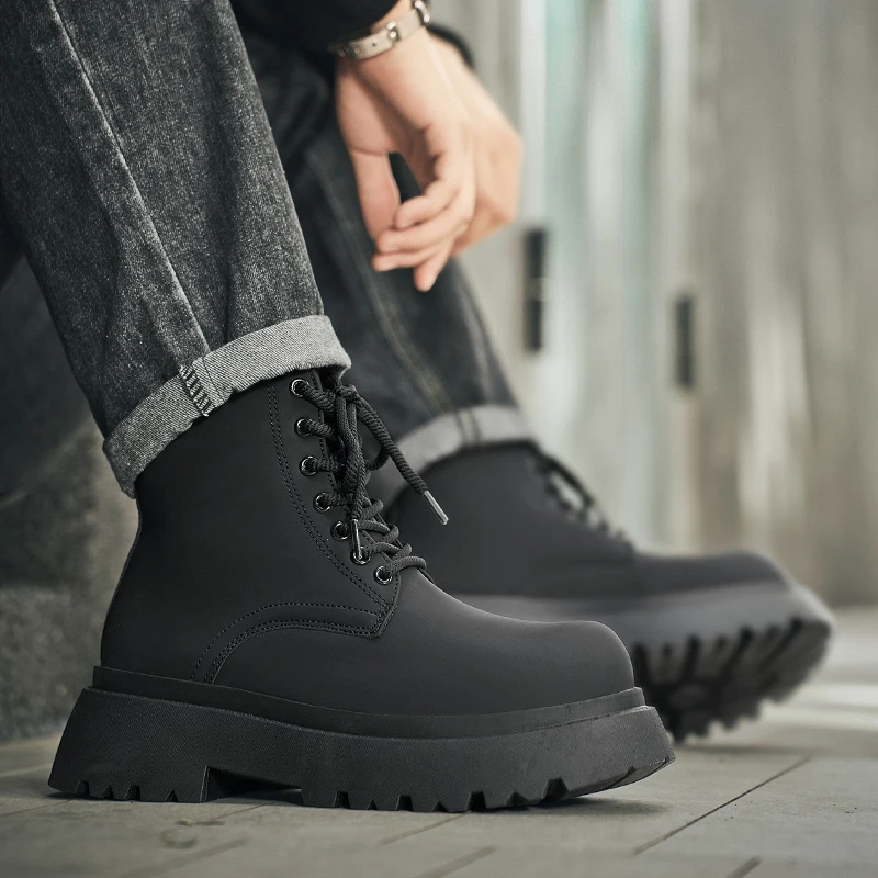Men Matte PU High‑Top Ankle Boots Lace‑Up Double Thick Platform Lug Outsole Non‑Slip Durable Soft Lining Punk Street Style for