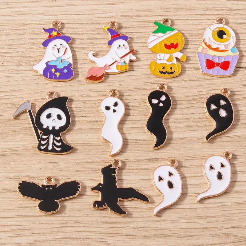 10pcs/set Enamel Halloween Ghost Bat Charms Pendants For Jewelry Making Earrings Necklaces Bracelet DIY Crafts Supplies