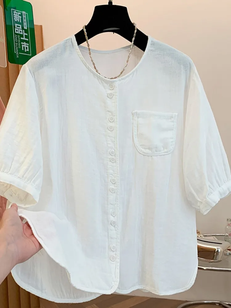 

Loose Fit Cotton Shirt Women's Summer Casual round Neck Short Sleeve Breathable Open Cardigan Top Versatile Airy Double Layer