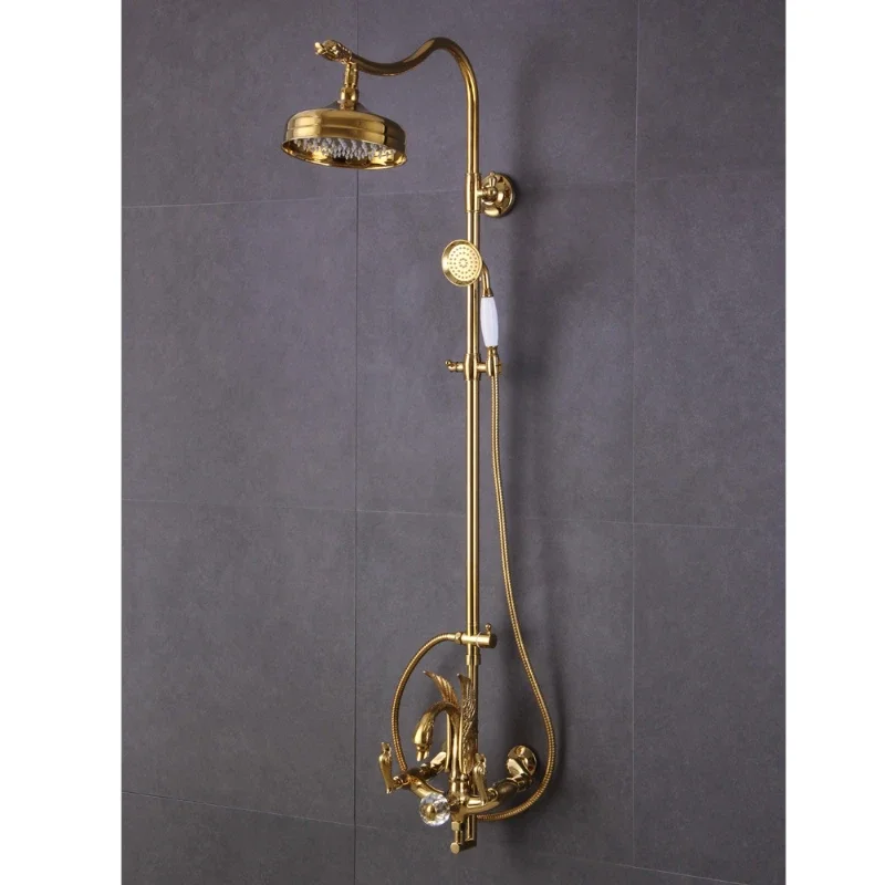 End Thermostatic Bathroom Shower System Polish Gold Wall Mounted Rainfall Shower Set with Swan Spout