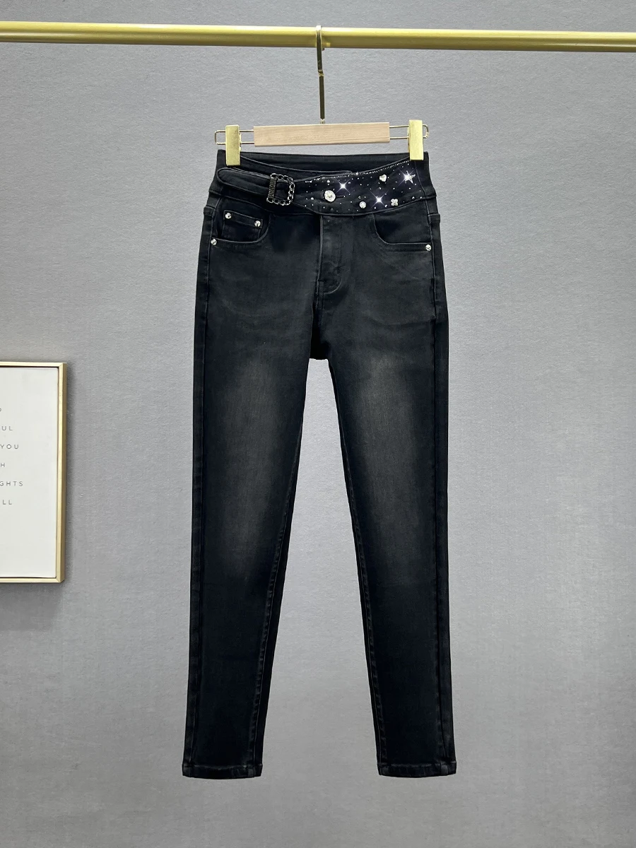 

High Waist Slim Fit Nine-Tenths Jeans Women's Autumn New Sle Diamond Embellied Bla Pencil Pants Cotton Stretch Denim