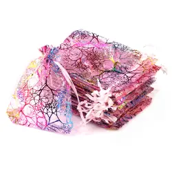 50pcs 7x9/9x12/10x15/13x18cm Pink Purple Christmas Organza Gift Bags Colorful Tree Pattern Wedding Party Jewelry Packaging Pouch