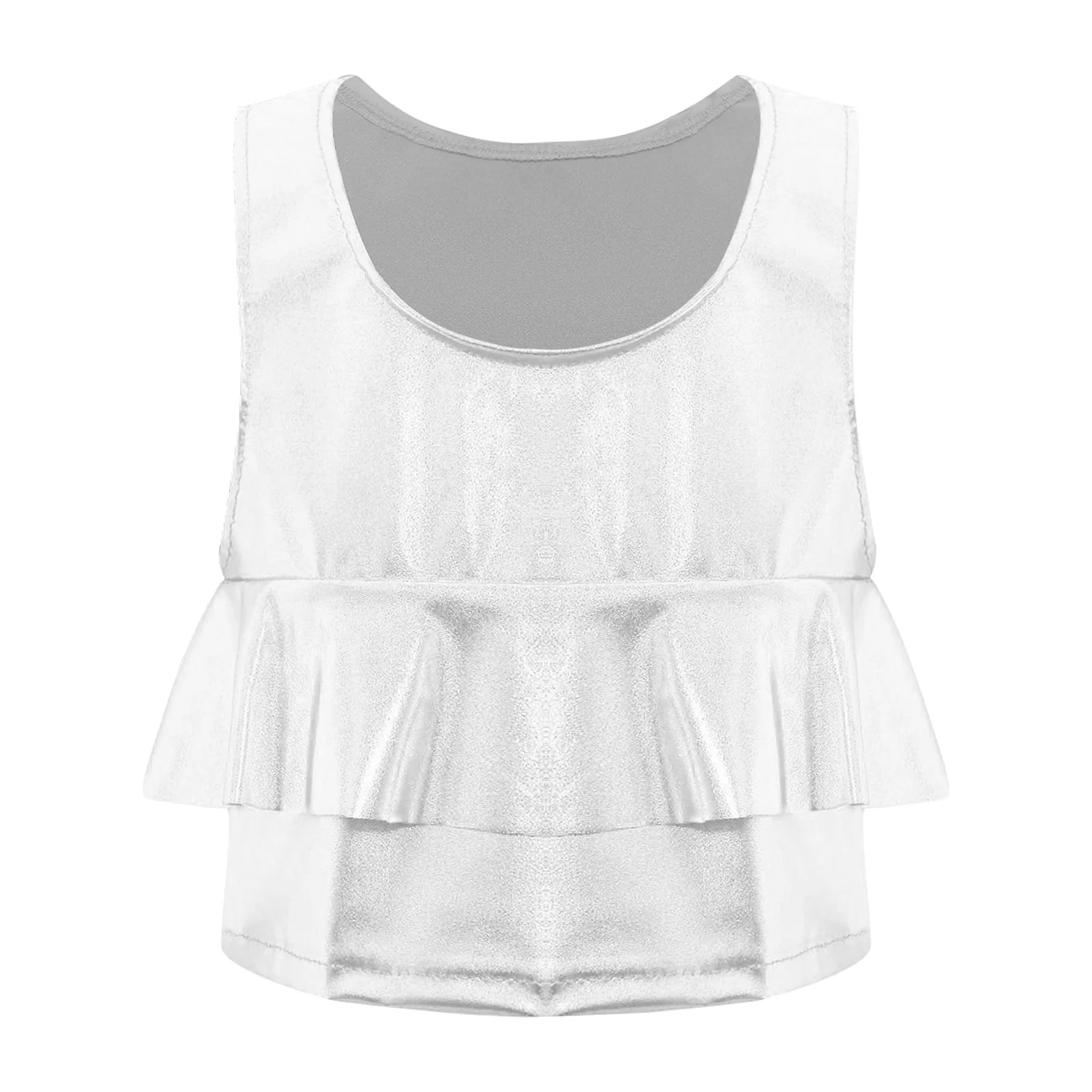 

Kids Girls Jazz Dance Top Metallic Ruffled Vest Round Neck Sleeveless Cropped Tank Tops for Cheerleading Dance Stage Performance