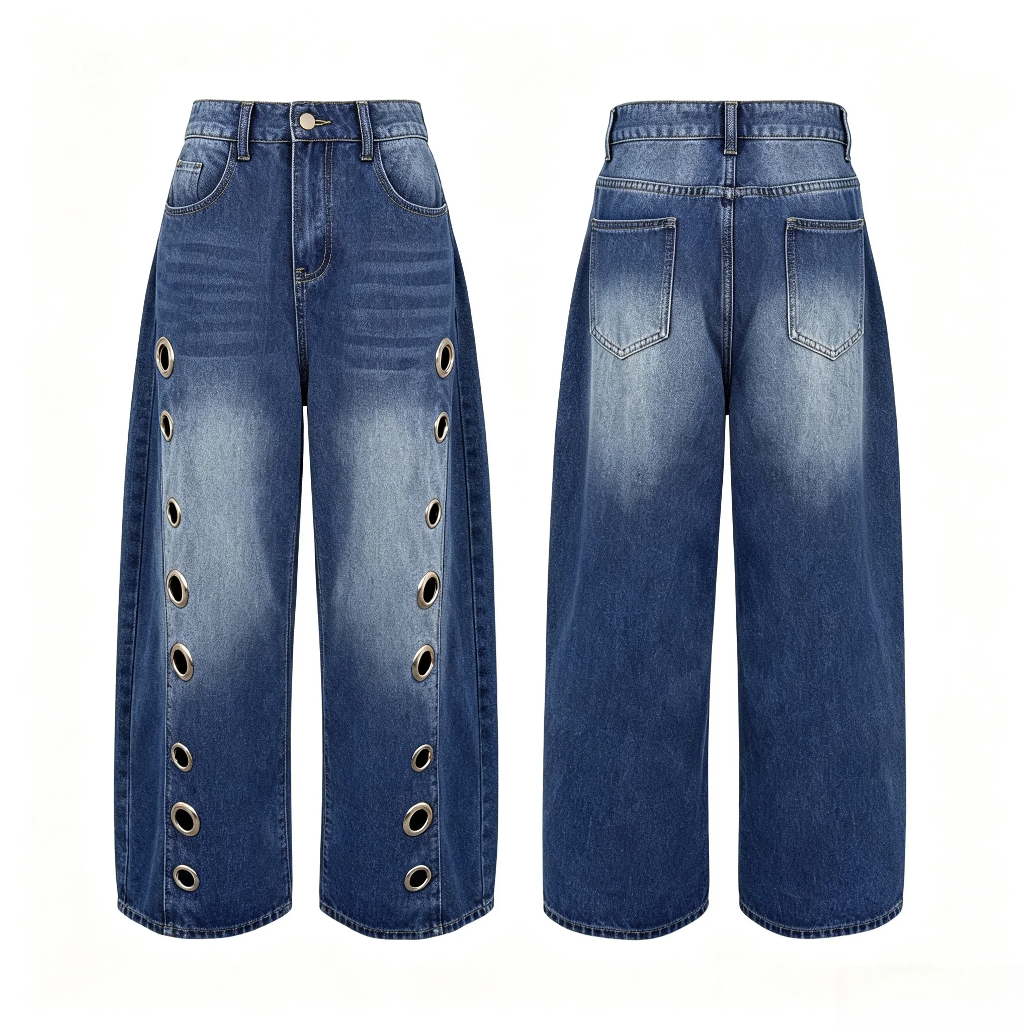 Women's Washed Blue High-Waist Metal Grommet Wide Leg Jeans Casual Loose Fit Streetwear Pants Casual Trousers
