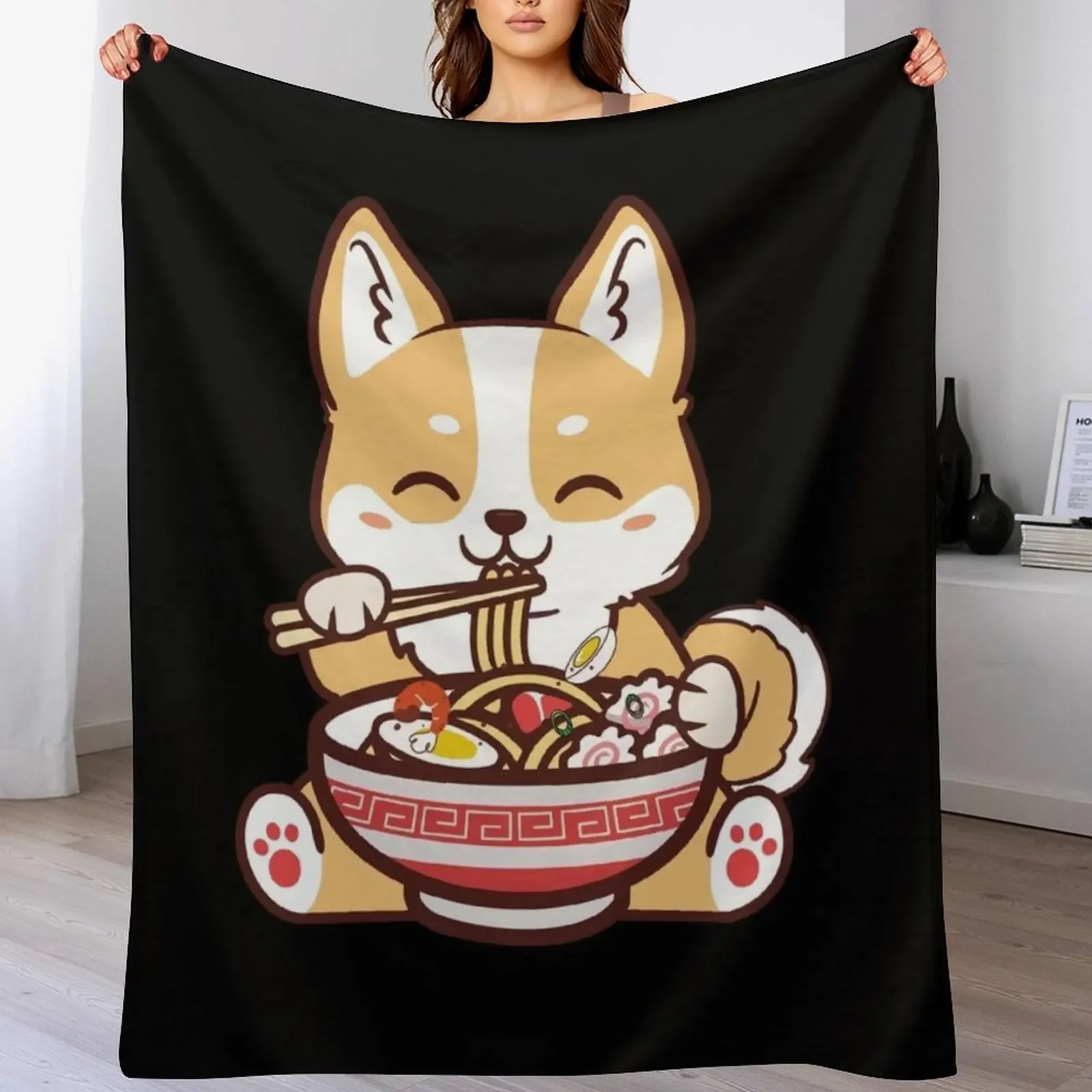 Kawaii Corgi Eating Ramen a Kawaii Corgi Eating Noodles Throw Blanket Ultra Plush Cozy Blanket for Napping Sleeping