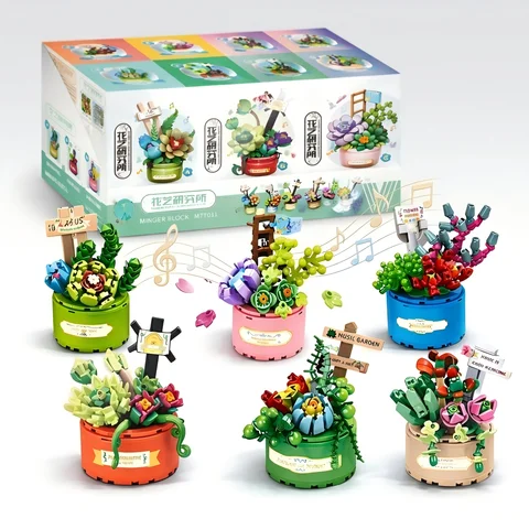 Blocks 867-Pcs ABS Plastic Rotating Music Box Buildable Blocks Kit - DIY Building Block, 6-Pack Succulent Moon Flower Botanical Bricks, Animal & Nature Theme, Plant Decor Succulent Mini-Garden to Build 6 Mini Scenes, 14+ Unisex Birthday Gift Decoration