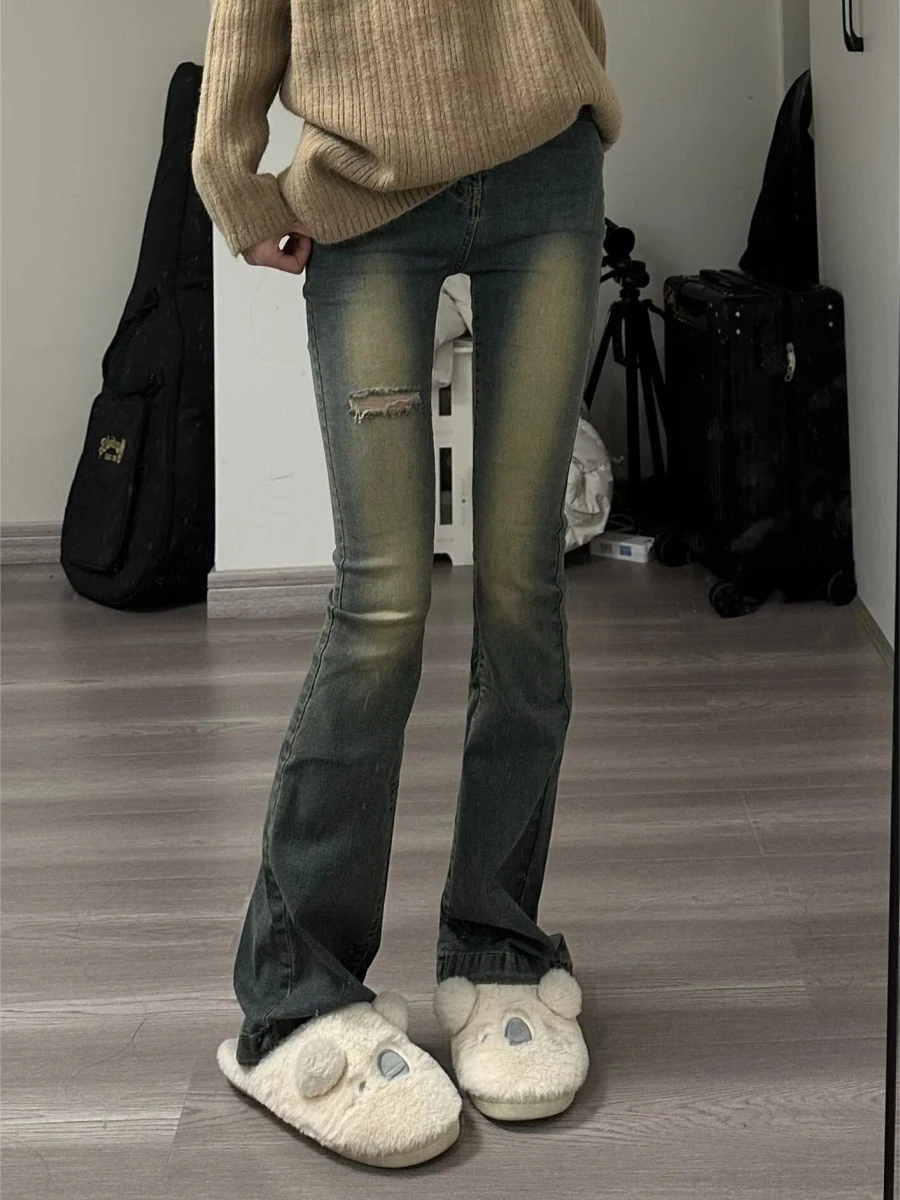 

Узкие синие джинсы с высокой талией в стиле ретро, женские весенне-осенние новые расклешенные длинные брюки, износостойкие повседневные брюки