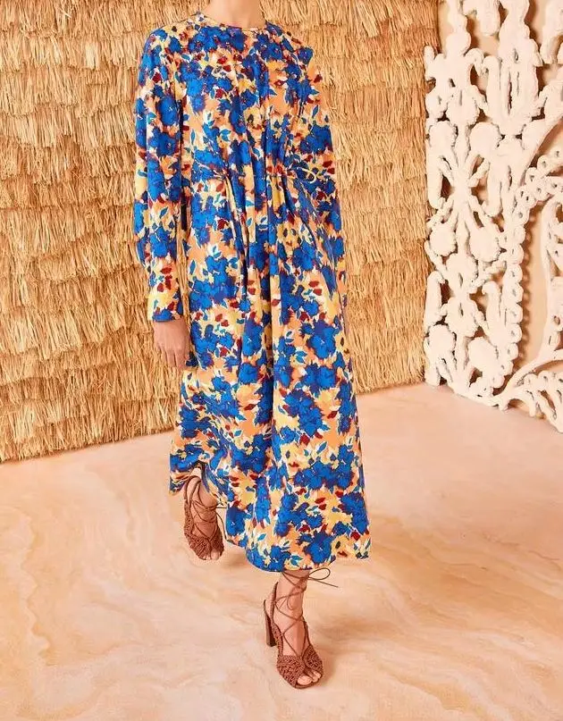 100% Cotton Women's Sequin Beaded Midi Robe Blue Floral Print O-Neck Long Sleeve High Waist Vintage Female Dress