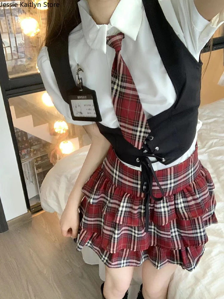 Japanese Kawaii School Girl Uniform Korean Style Sweet Cute Cosplay JK Uniform Summer Black Mini Vest and Plaid Skirt Sets 2023