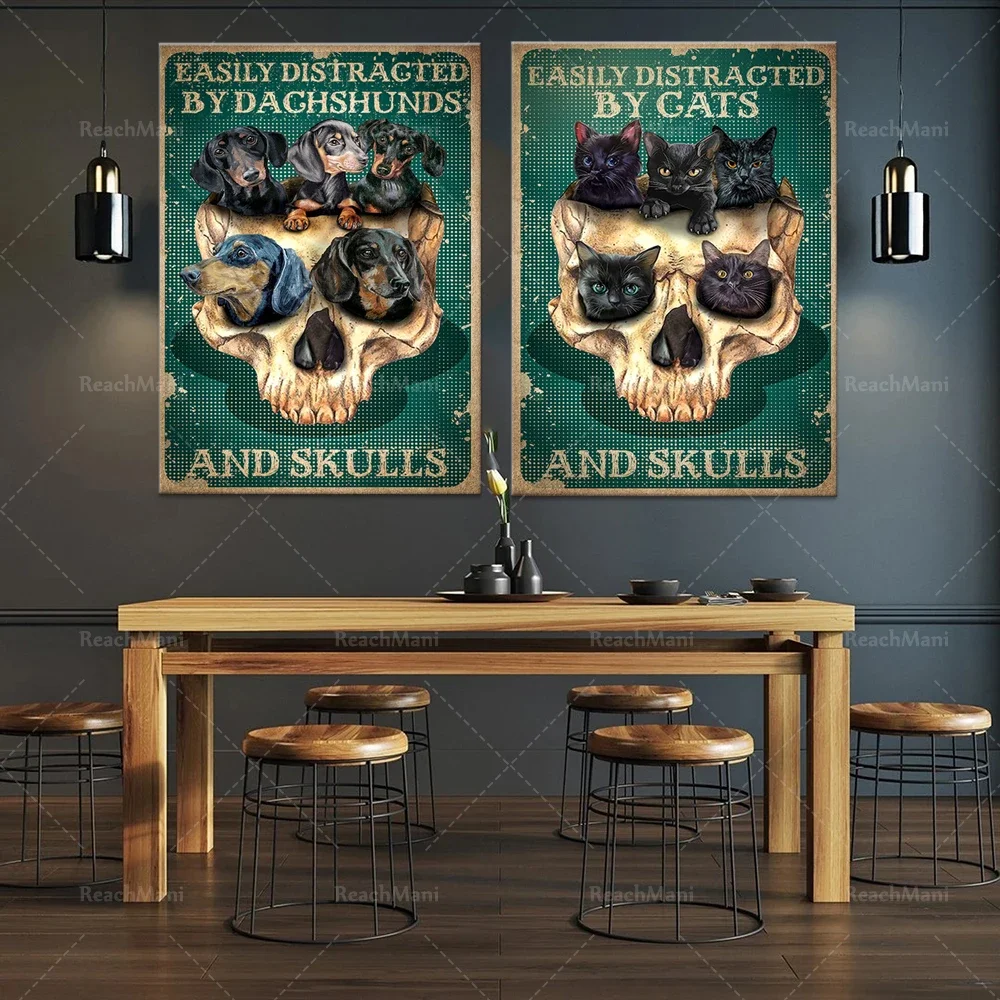 Dachshund and skull distressed poster, skull and dachshund lover Halloween gift, cat and skull black cat art