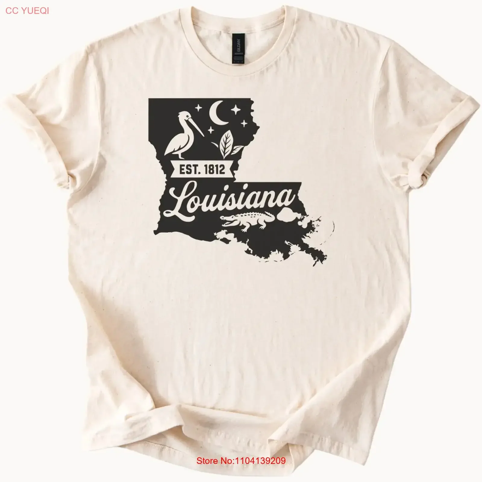 Louisiana State Outline T Shirt Pelican Crescent Moon Alligator  vintage Washed Comfortable fashion Versatile