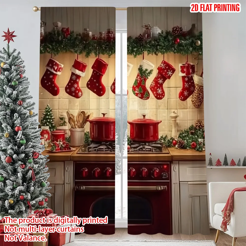 

2pcs 2D flat printing Christmas Window Curtains Christmas8 Versatile Durable Polyester Without Electricity Family Party Use for