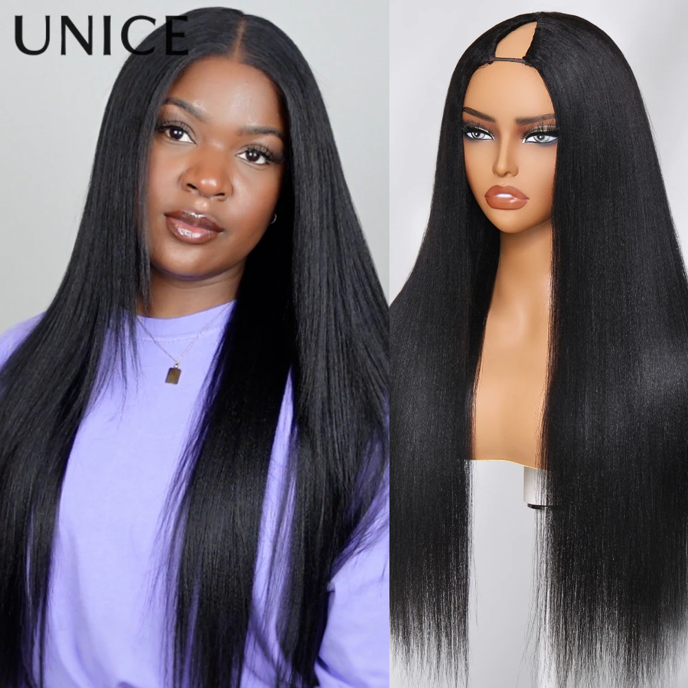 

UNice Hair Yaki Straight V Part Wig 100% Human Hair V Shaped Wig Upgrade U Part Wig No Sew In Clip In Half Wig Read To Wear Go