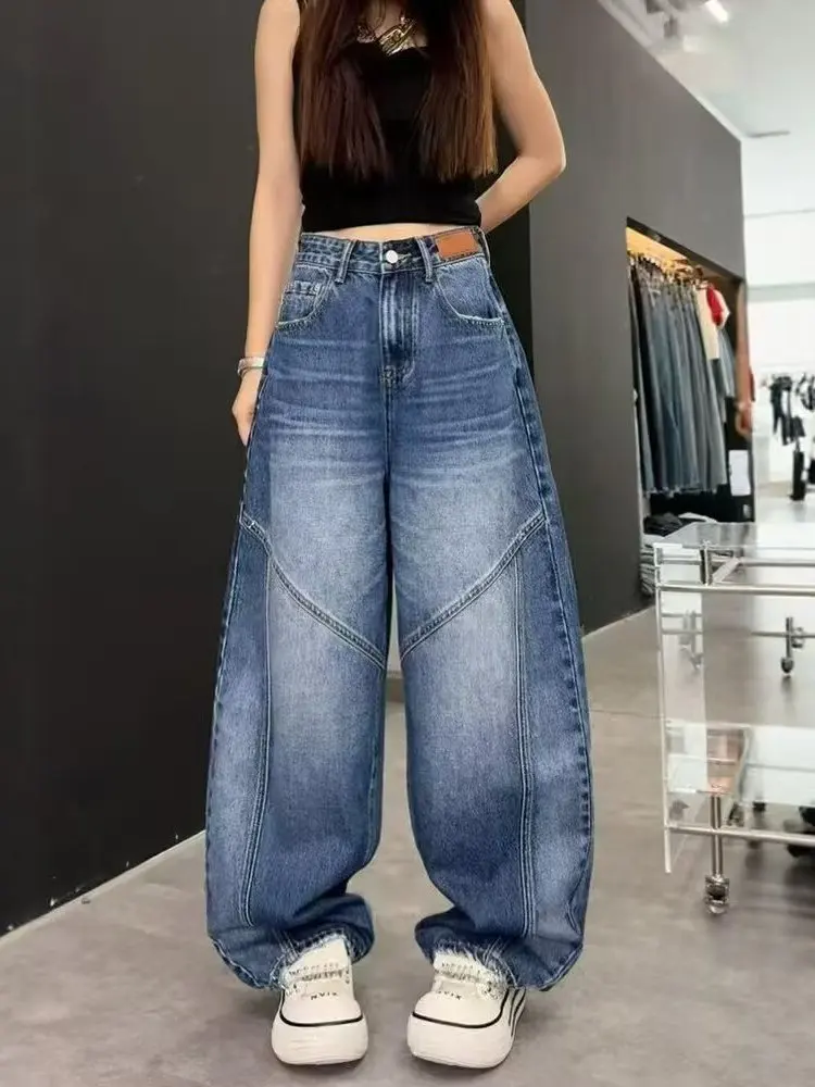 American Style High Waist Loose Fit Denim Jeans Women's plus Size Pear Shape Body Slimming Wide Leg Pants Retro Style